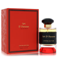 A clear glass perfume bottle with gold accents and a white label reading "Le Vogue" by The Fragrance Avenue.