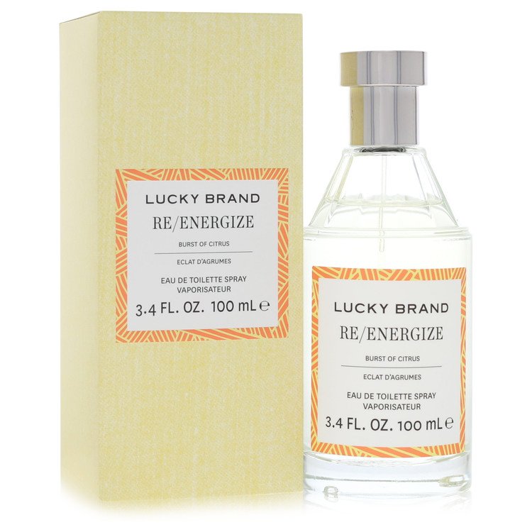 Blue glass bottle of Lucky Brand Re/Energize Eau De Toilette Spray 3.4 oz / 100 ml for Men on white background by The Fragran