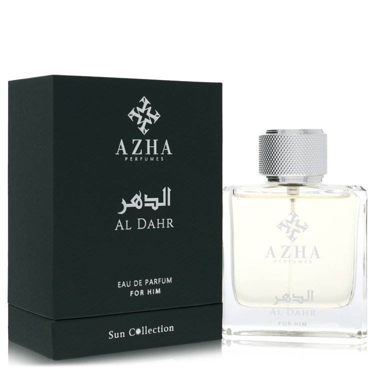Blue glass bottle of Azha Al Dahr Eau De Parfum Spray for Men, 3.3 oz / 100 ml, standing on a wooden surface by The Fragrance