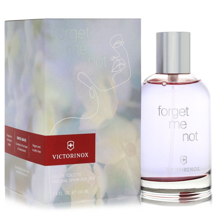 Blue glass bottle with white label featuring a forget me not flower design, 3.4 oz eau de toilette for women by The Fragrance