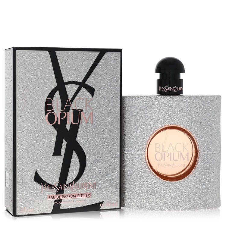 Black opium glitter eau de parfum spray in gold bottle with black cap, 3 oz, on white background by The Fragrance Avenue