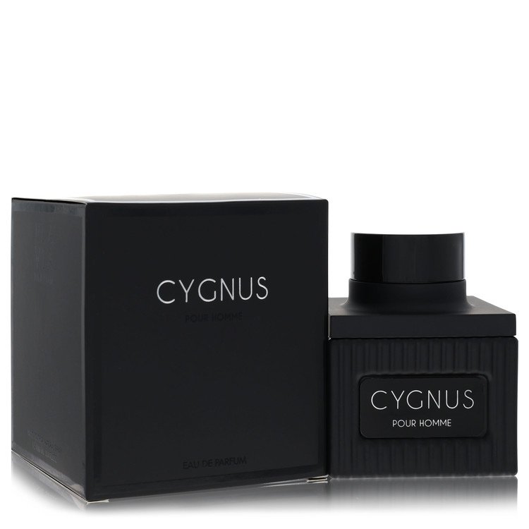 A clear glass bottle with a black cap and gold accents, labeled Flavia Cygnus Eau De Parfum Spray 3.4 oz / 100 ml for Men by 
