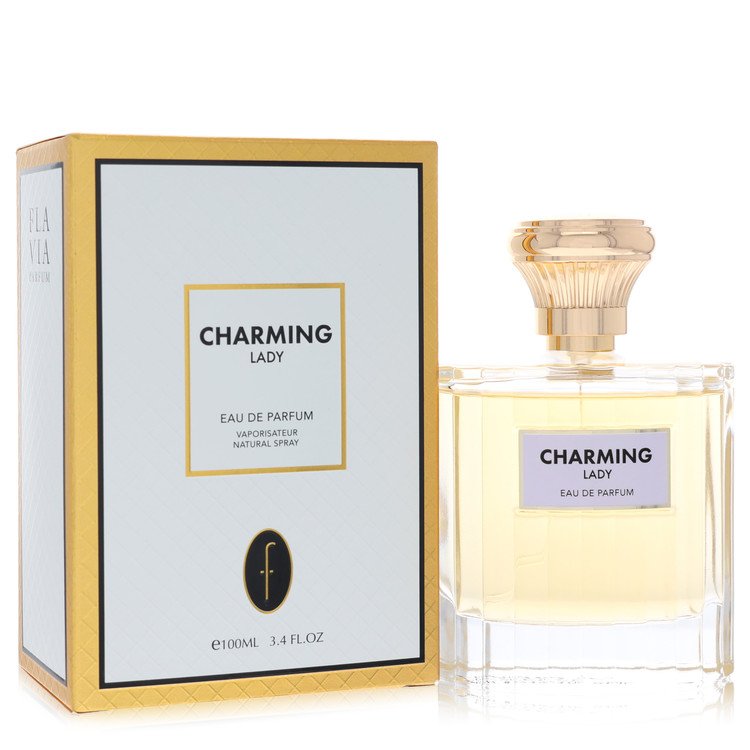 A clear glass perfume bottle with a pink cap and gold accents, labeled Flavia Charming Lady Eau De Parfum Spray 3.4 oz / 100 