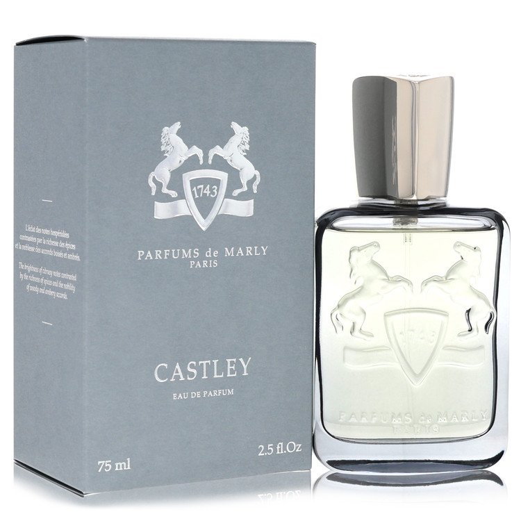 A dark brown leather bottle of Parfums De Marly Castley Eau De Parfum Spray for Men on a wooden surface by The Fragrance Aven