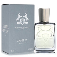 A dark brown leather bottle of Parfums De Marly Castley Eau De Parfum Spray for Men on a wooden surface by The Fragrance Aven