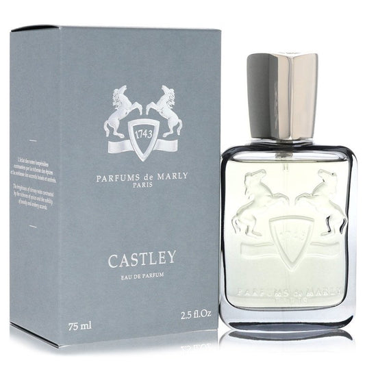 A dark brown leather bottle of Parfums De Marly Castley Eau De Parfum Spray for Men on a wooden surface by The Fragrance Aven