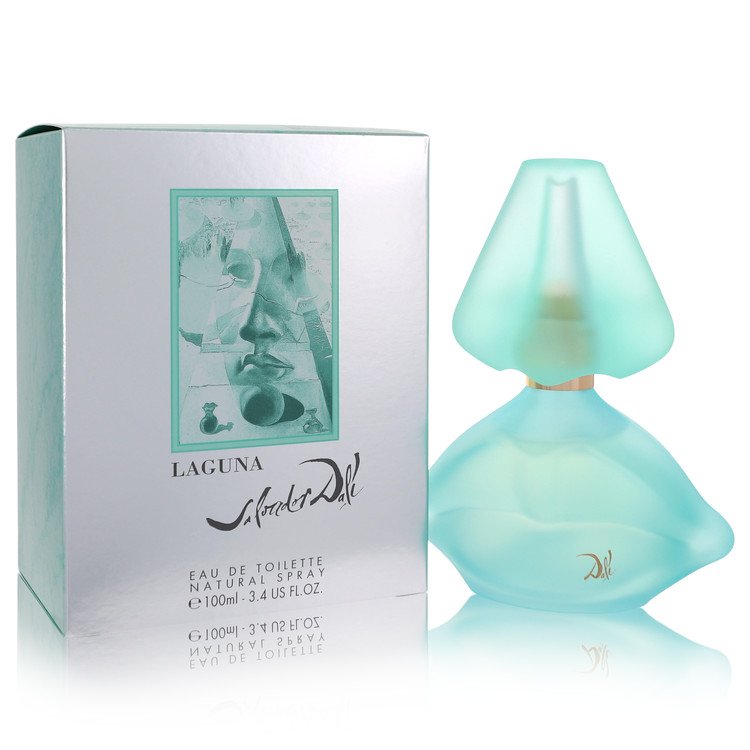 A clear glass bottle with a golden cap and blue label featuring the word Laguna by Salvador Dali, 3.4 oz / 100 ml for women b