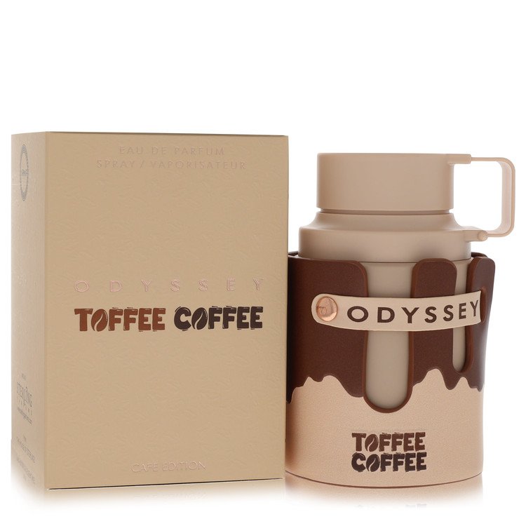 A brown coffee-colored perfume bottle with a gold cap and elegant label, standing on a wooden surface, by The Fragrance Avenu