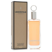 Black glass bottle with silver cap and minimalist design, labeled Lagerfeld by Karl Lagerfeld Eau De Toilette Spray 3.3 oz fo