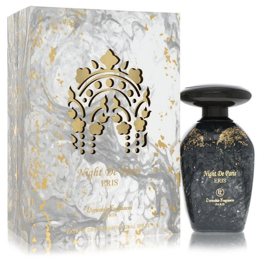 A dark glass bottle of L'Orientale Night by Eris Extrait De Parfum Spray 3.3 oz / 100 ml for Men sitting on a wooden surface 
