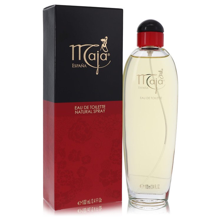 A clear glass perfume bottle with a silver cap and floral design, labeled Maja by Myrurgia, 3.4 oz (100 ml) women's eau de to