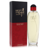 A clear glass perfume bottle with a silver cap and floral design, labeled Maja by Myrurgia, 3.4 oz (100 ml) women's eau de to