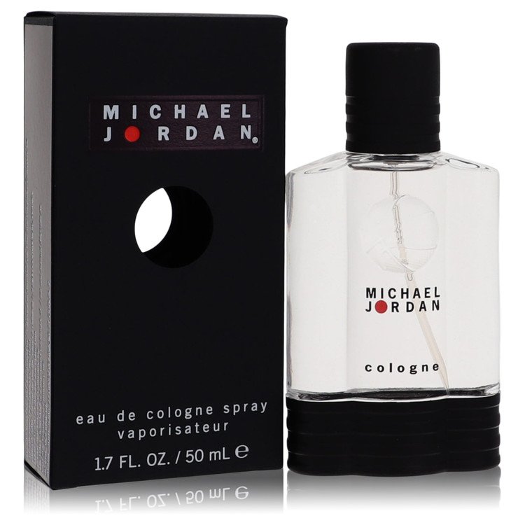 Blue glass bottle of Michael Jordan Men's Cologne Spray 1.7 oz (50 ml) standing on a black surface by The Fragrance Avenue.