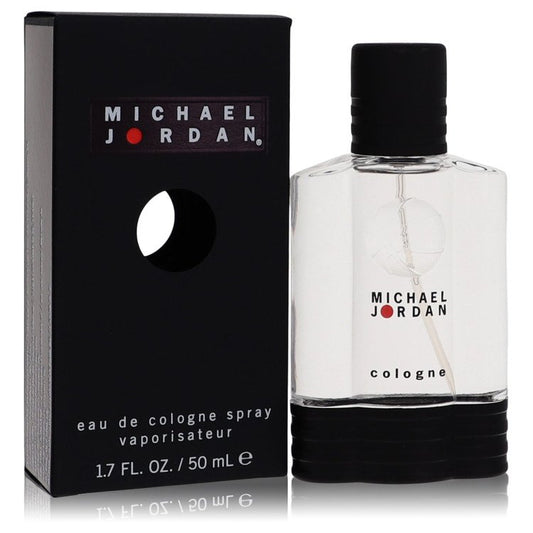 Blue glass bottle of Michael Jordan Men's Cologne Spray 1.7 oz (50 ml) standing on a black surface by The Fragrance Avenue.