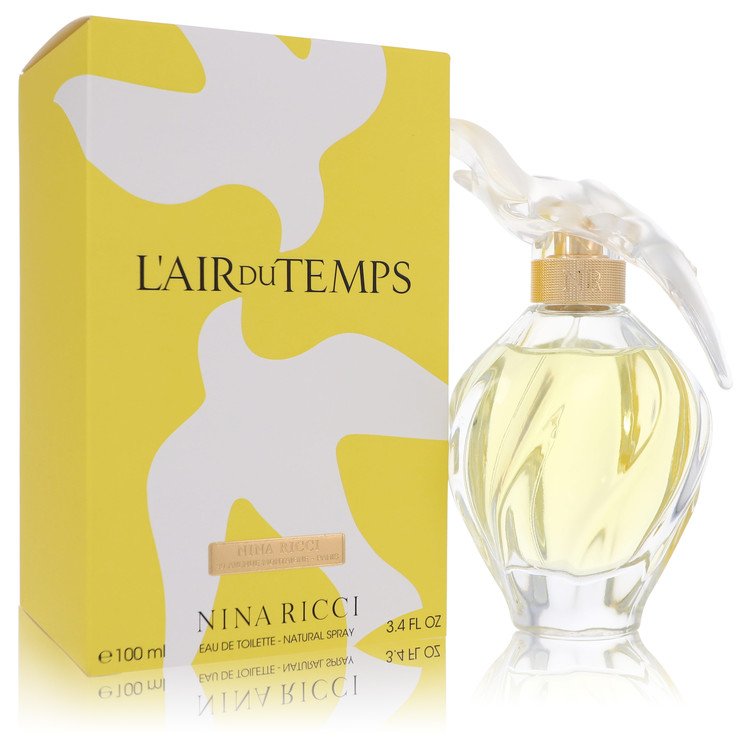 Blue glass bottle of Nina Ricci L'Air Du Temps Eau de Toilette Spray 3.3 oz for women on white background by The Fragrance Av
