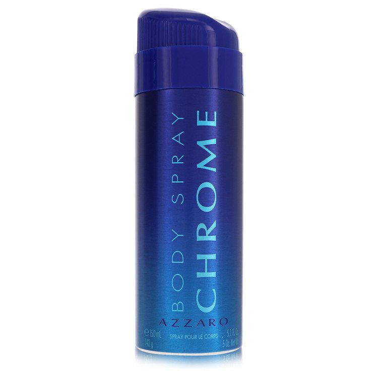 Blue glass bottle of Chrome by Azzaro body spray for men on a wooden table.