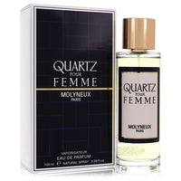 A clear glass bottle with a gold cap and minimalist design, labeled Molyneux Quartz Eau De Parfum Spray 3.4 oz by The Fragran