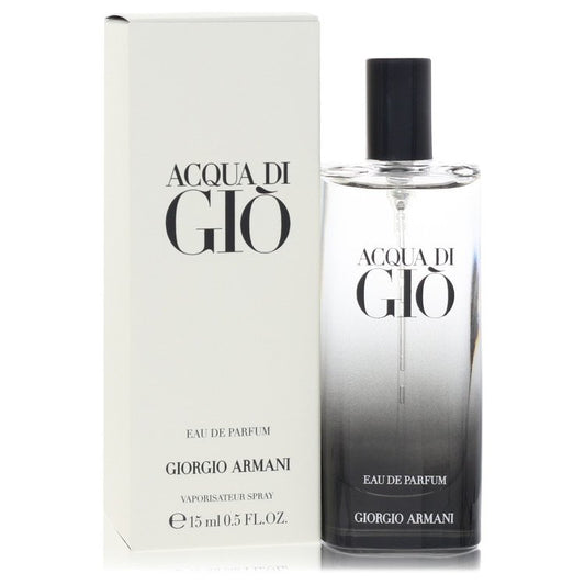 Blue glass bottle of Acqua Di Gio by Giorgio Armani Eau De Parfum Spray 0.5 oz / 15 ml for Men by The Fragrance Avenue
