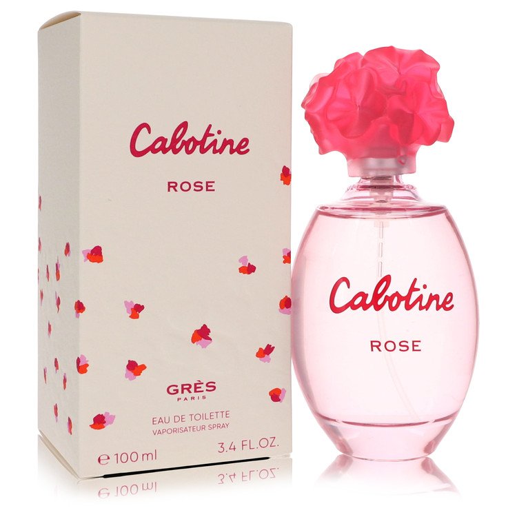 A pink and gold perfume bottle with a rose design on a white background by Parfums Gres.