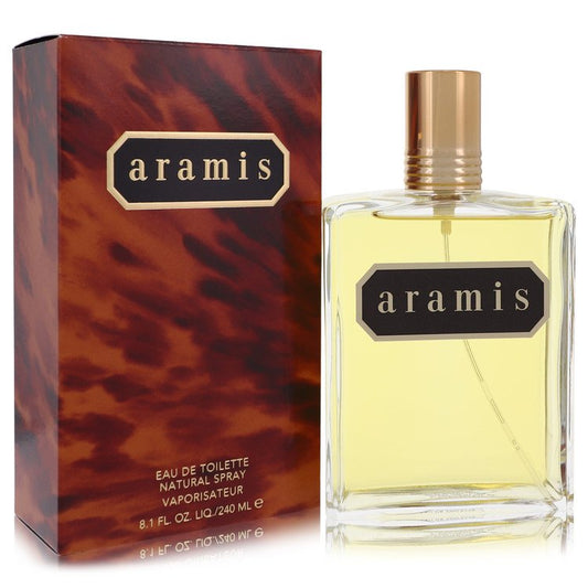 Blue glass bottle of Aramis by Aramis Cologne Eau de Toilette Spray 8.1 oz / 240 ml for Men displayed on a wooden surface by 