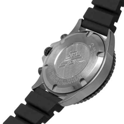 Black dial diver watch with stainless steel case and bracelet by Alan Frost Watches