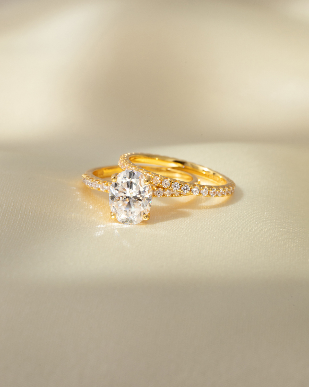 2 ct Oval Solitaire Moissanite Engagement Ring with Pavé Band in 18k Gold Vermeil - SJR London Timepiece