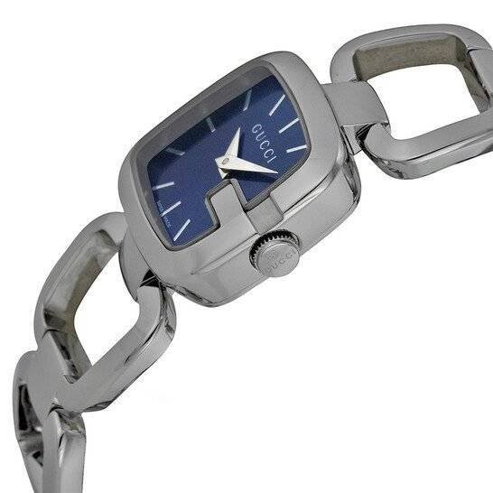 Black leather watch with Gucci "G" logo and 22mm strap worn on a wrist by Alan Frost Watches