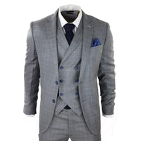 Men's Light Grey 3 Piece Suit Blue Check Double Breast Waistcoat Office Wedding Prom