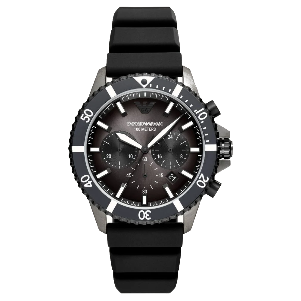 Black men's watch with a stainless steel case and brown leather strap by Alan Frost Watches.