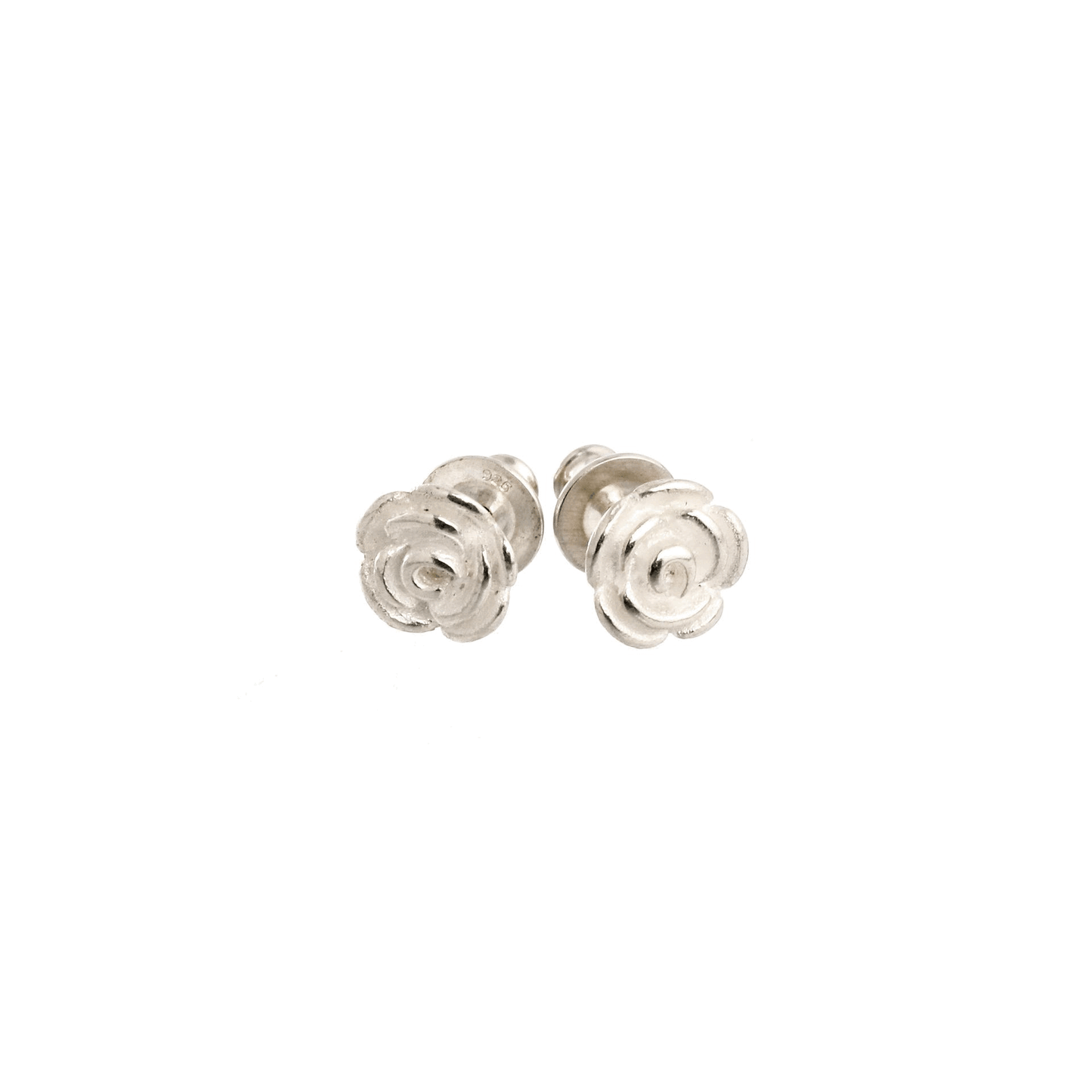 Rose flower silver stud earrings with detailed petal texture by Scarlett Jewellery.