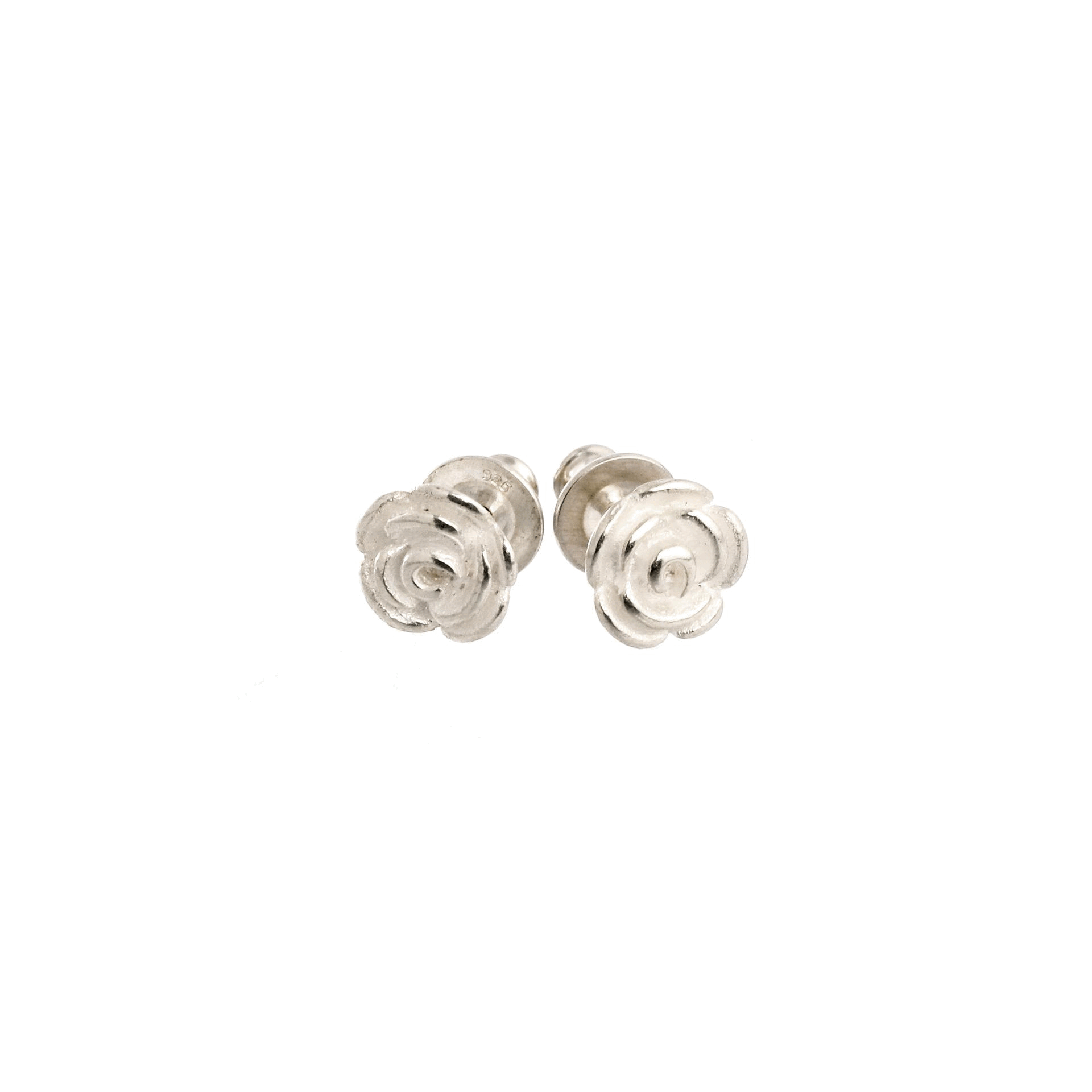 Rose flower silver stud earrings with detailed petal texture by Scarlett Jewellery.