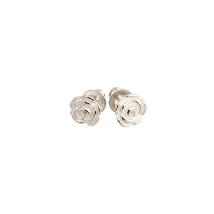 Rose flower silver stud earrings with detailed petal texture by Scarlett Jewellery.