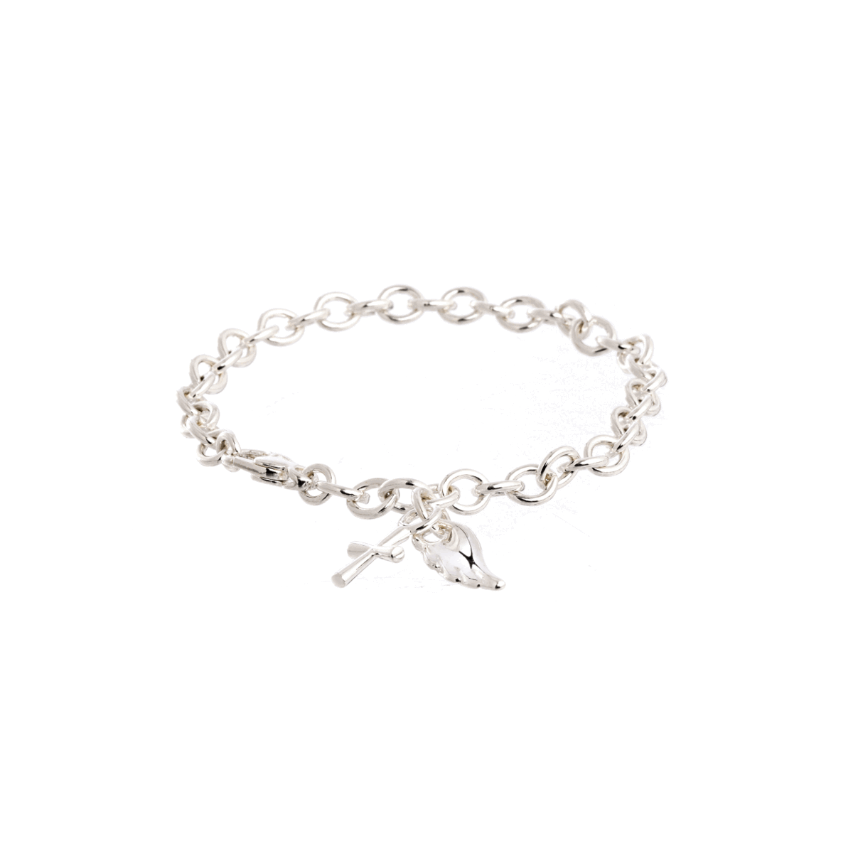 Silver charm bracelet featuring a hand and cross charm, showcasing intricate links and elegant design by Scarlett Jewellery.