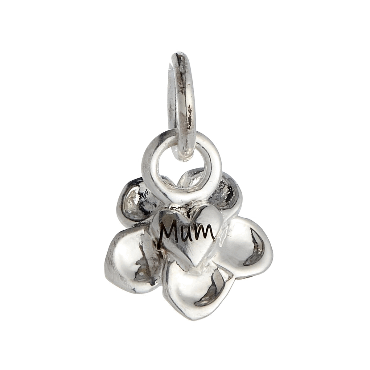 Silver forget-me-not flower charm with personalized engraving, displayed on a velvet background by Scarlett Jewellery.