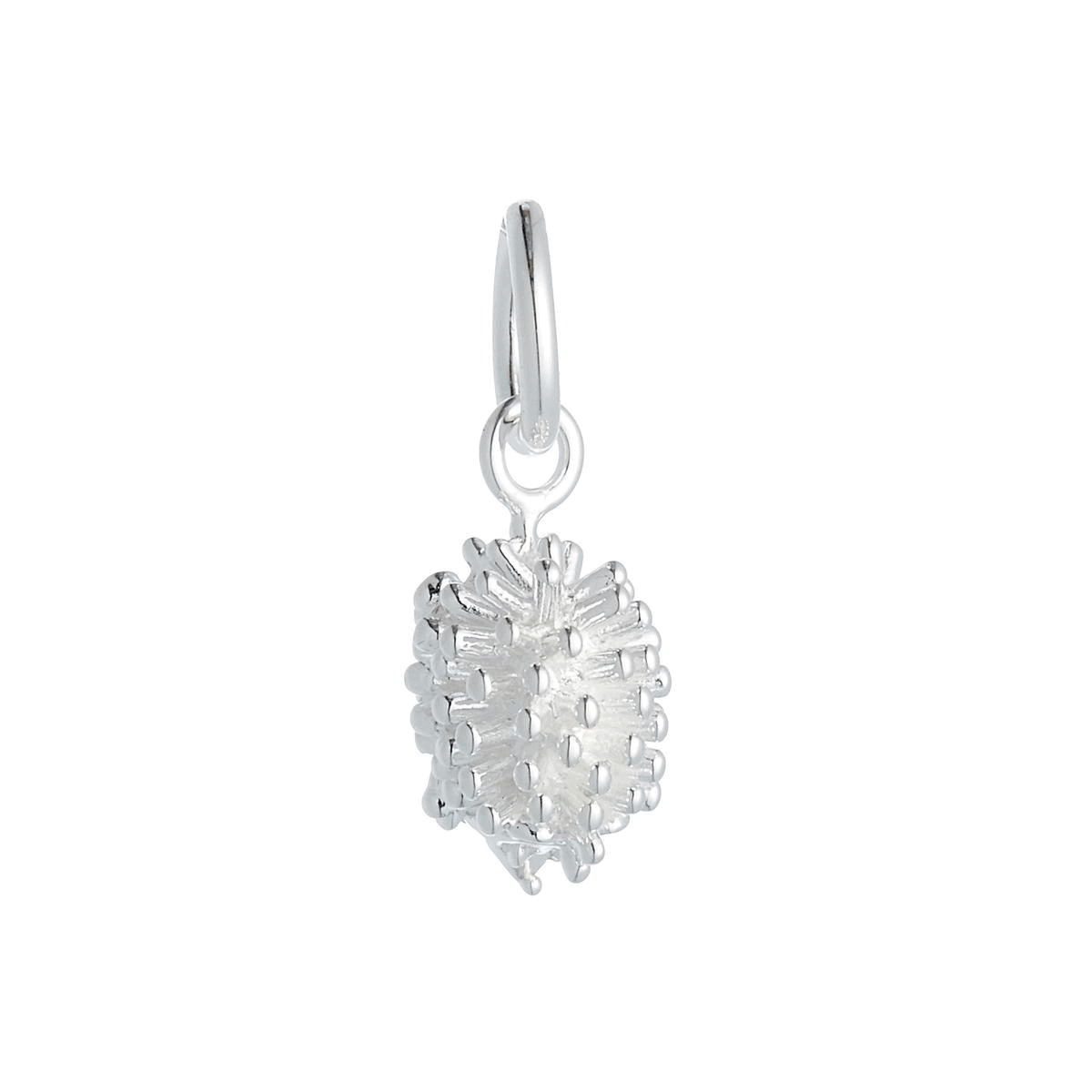 A silver hedgehog charm with detailed texture, displayed on a soft blue background by Scarlett Jewellery.