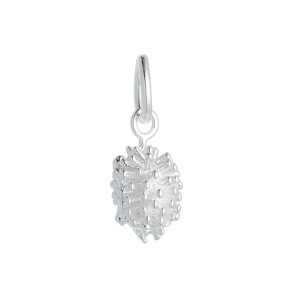 A silver hedgehog charm with detailed texture, displayed on a soft blue background by Scarlett Jewellery.