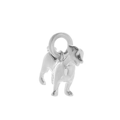 Silver Jack Russell Terrier dog charm by Scarlett Jewellery displayed on a soft fabric background.
