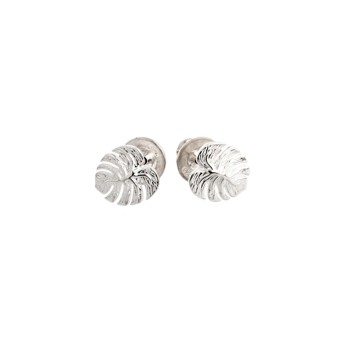 Silver stud earrings featuring a detailed monstera palm leaf design by Scarlett Jewellery.