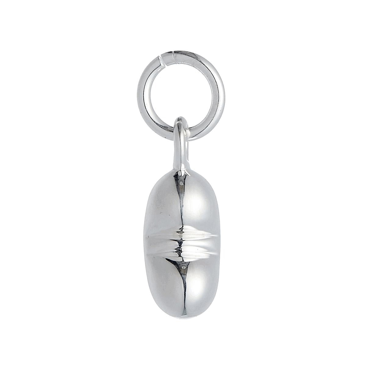A silver baby bean charm hangs from a delicate chain, showcasing its intricate design and premium finish by Scarlett Jeweller