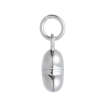 A silver baby bean charm hangs from a delicate chain, showcasing its intricate design and premium finish by Scarlett Jeweller