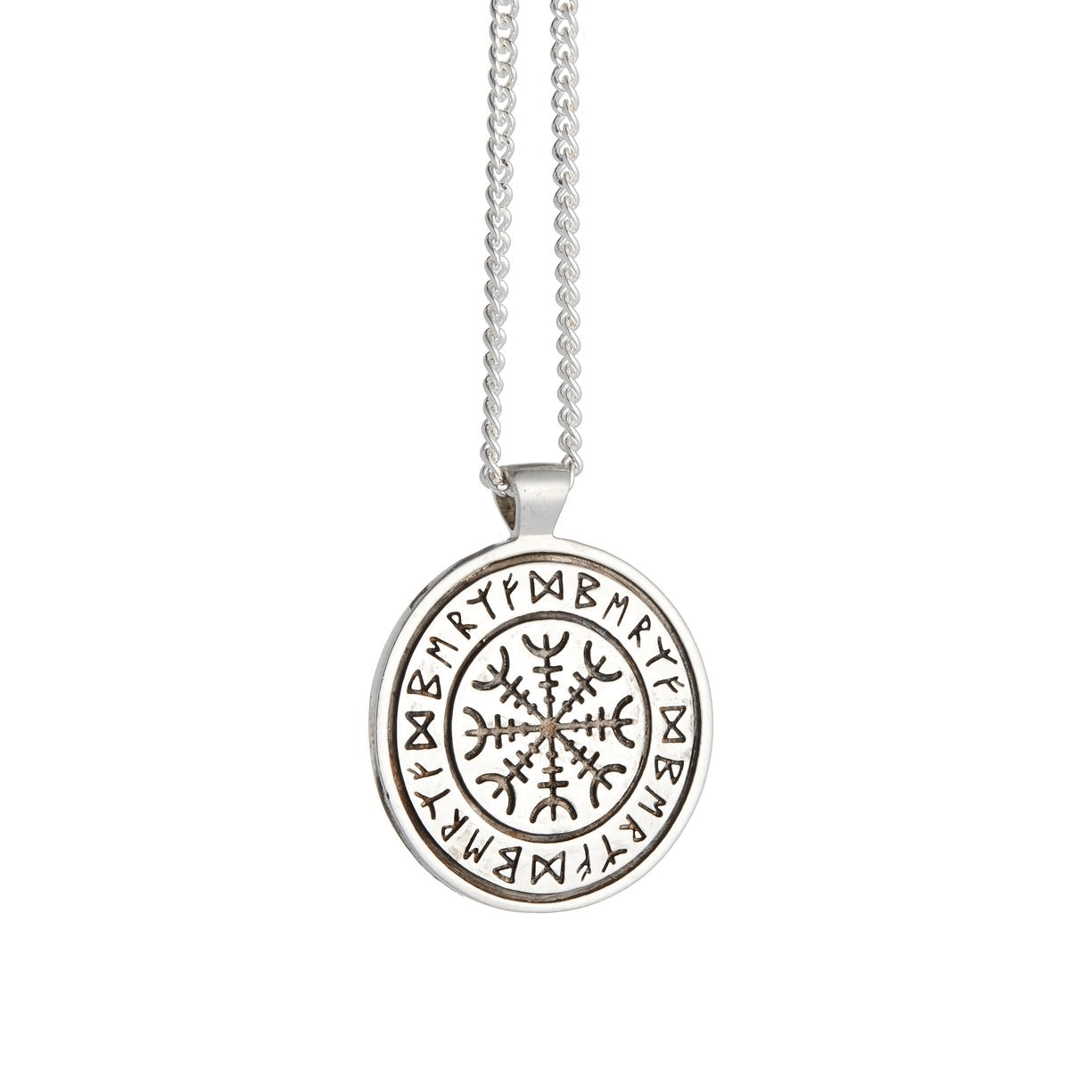 A silver Viking rune necklace with personalized engraving, displayed on a wooden table against a neutral background, by Scarl