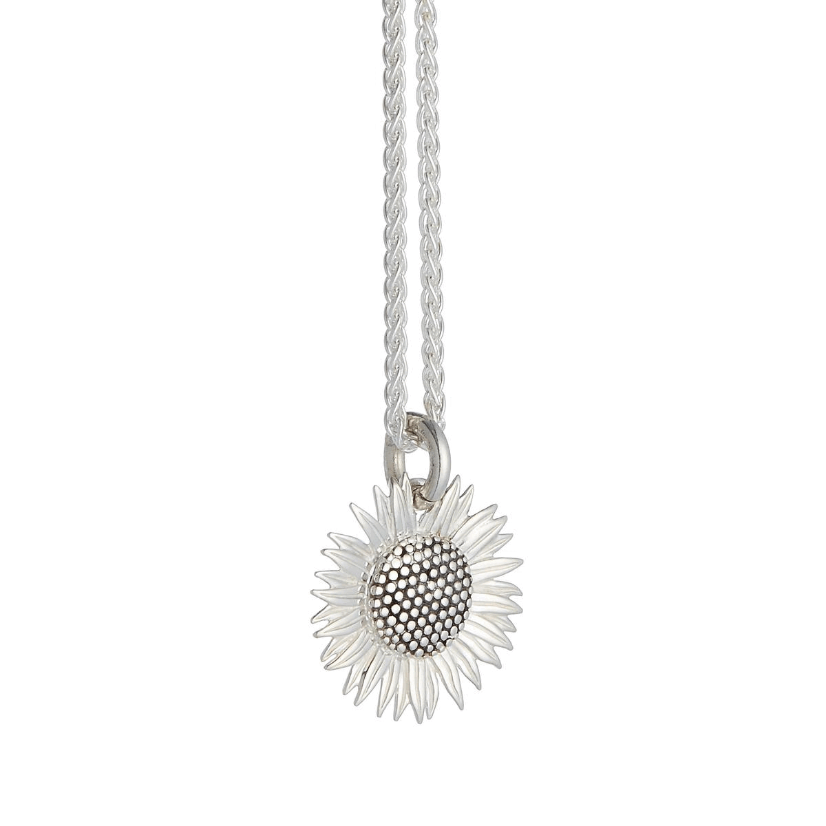 Sunflower silver charm with detailed petal texture, displayed on a soft background by Scarlett Jewellery.
