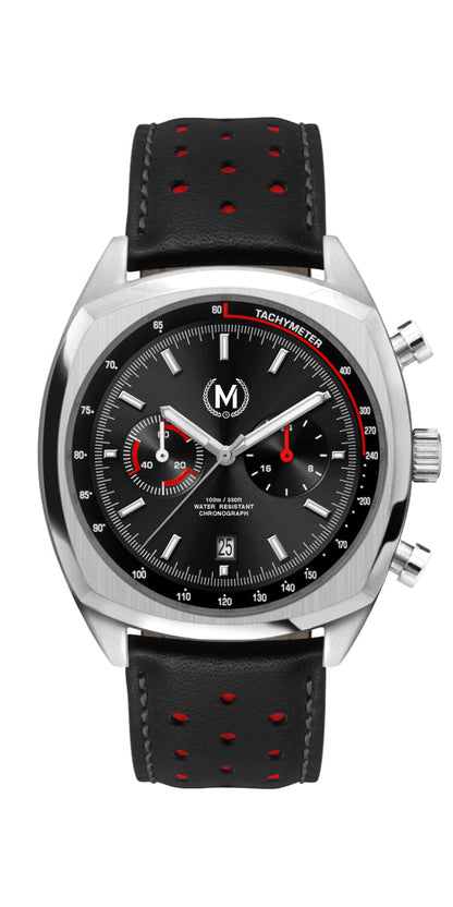 Black And Red Leather Rally Watch Strap, Silver Buckle - SJR London Timepiece