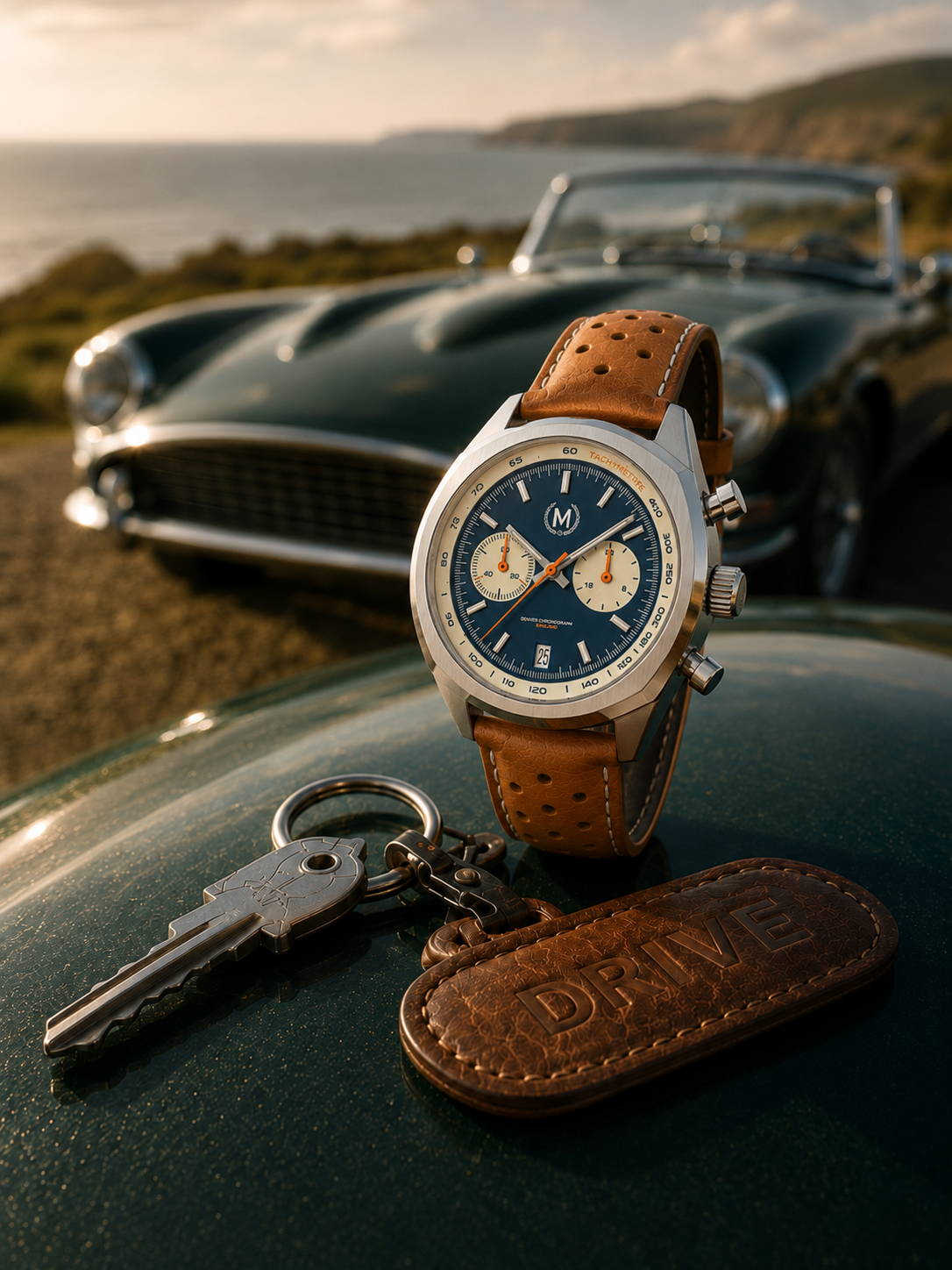 Driver Chronograph MKII Quartz, Blue Reverse Panda Tan Strap (PRE-ORDER NOW) - SJR London Timepiece