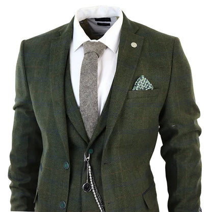 STZ71 - Men's 3 Piece Suit Wool Tweed Green Blue Brown Check 1920s Gatsby Formal Dress Suits