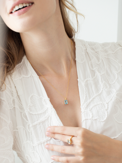 Blue topaz Emerald Cut Pendant Necklace in 18k Gold Vermeil - SJR London Timepiece