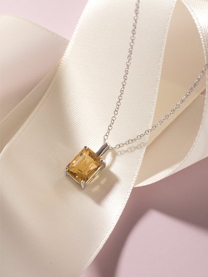 Citrine Emerald Cut Pendant Necklace in Sterling Silver - SJR London Timepiece
