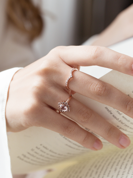 Pink Morganite Halo Ring in 18k Rose Vermeil - SJR London Timepiece