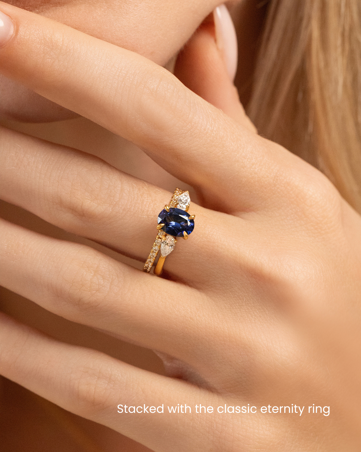 Blue Sapphire Oval Three Stone Engagement Ring in 18k Gold Vermeil - SJR London Timepiece
