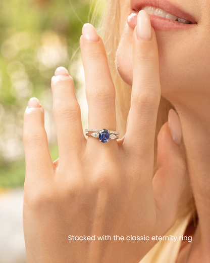 Blue Sapphire Oval Cut Three Stone Engagement Ring in Sterling Silver - SJR London Timepiece